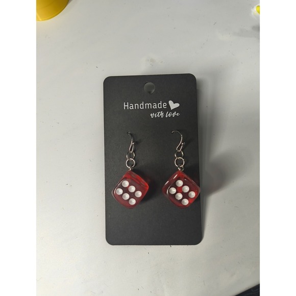 New Handmade Red Dice Stainless Steel Earrings - Picture 1 of 3